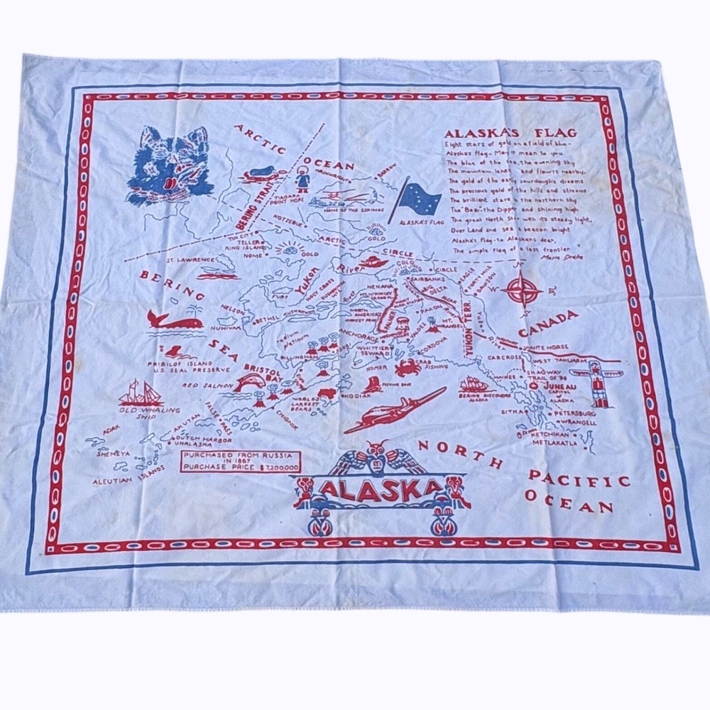 Vtg Alaska Souvenir Map Tablecloth MCM Cotton Linen Retro Kitsch 1950s Flag